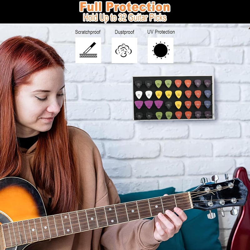 TXesign Guitar Pick Wall Mount Display Case for Picks Storage and Display, Guitar Pick Display Frame Acrylic Storage Box Hold Up to 32 Guitar Picks (Black) - Image 3